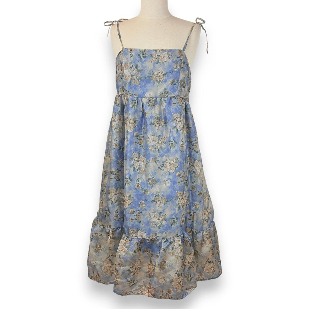 Wild Fable Sheer Blue Floral Midi Dress XL Cottagecore Tie Strap Summer Fairy